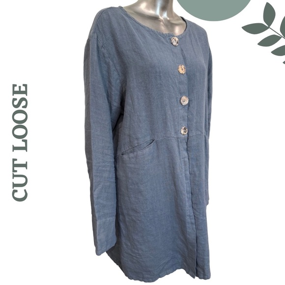 Cut Loose Blue Button-Front Linen Jacket Front Pockets Drawstring Back Large - Picture 3 of 9